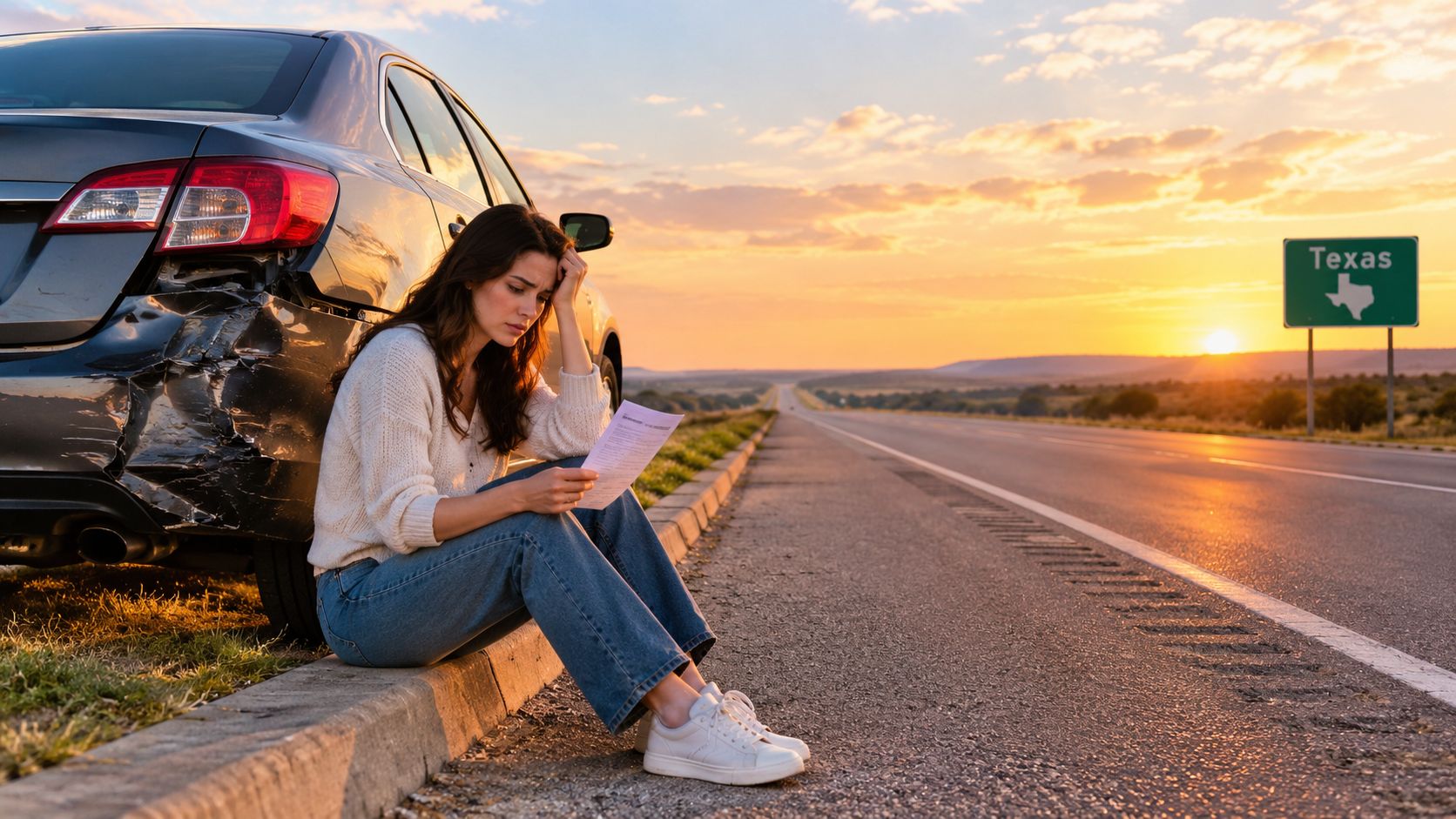 A distressed woman sits by her damaged car on the roadside, holding insurance papers near a Texas sign.