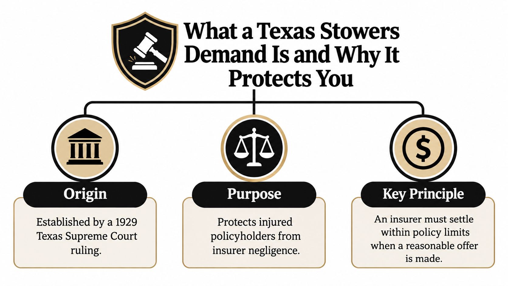 An infographic explaining the Texas Stowers Demand, detailing its origin, purpose, and key principle for insurance policyholders.