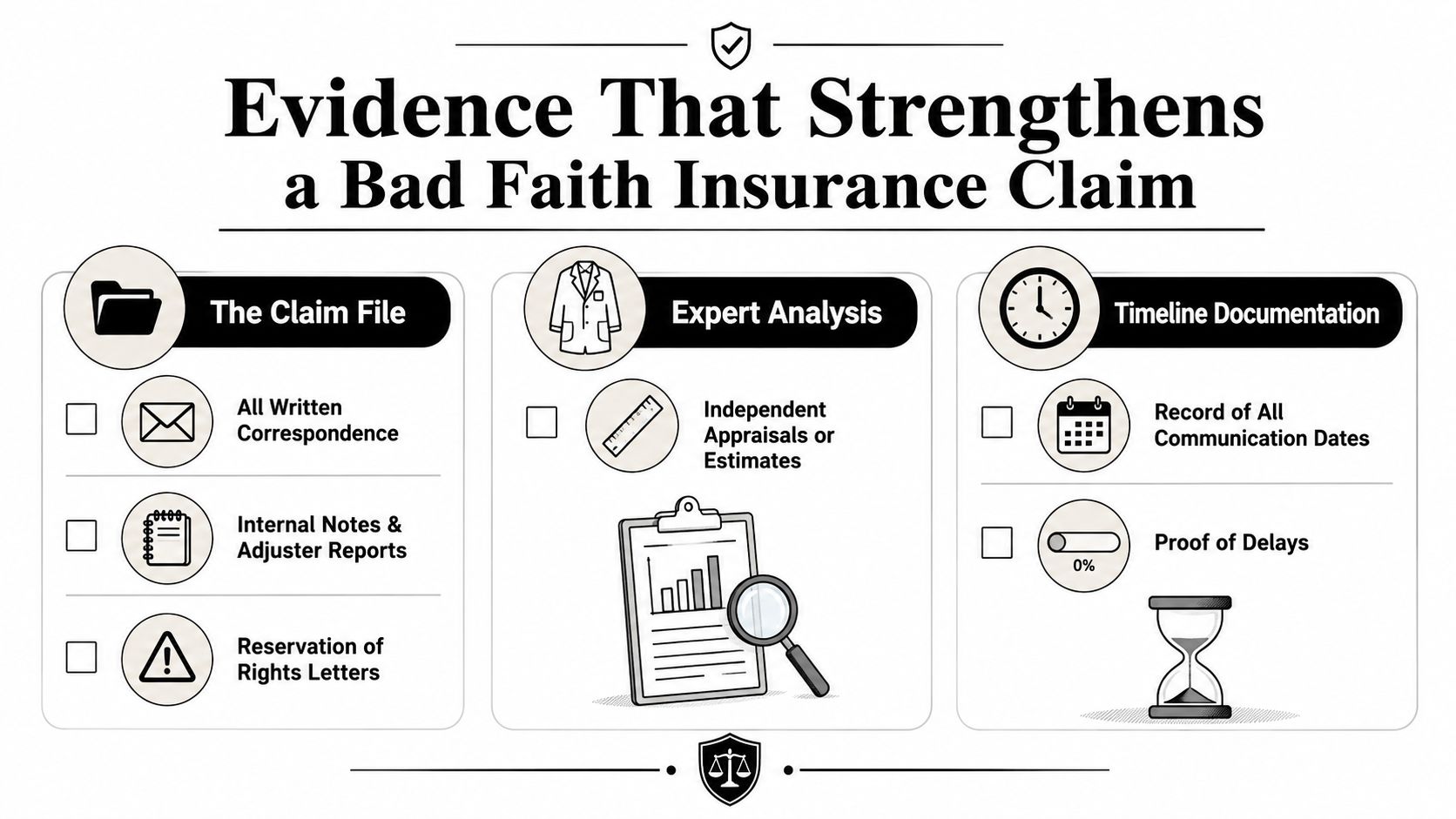An infographic detailing the evidence needed to support a bad faith insurance claim in legal cases.