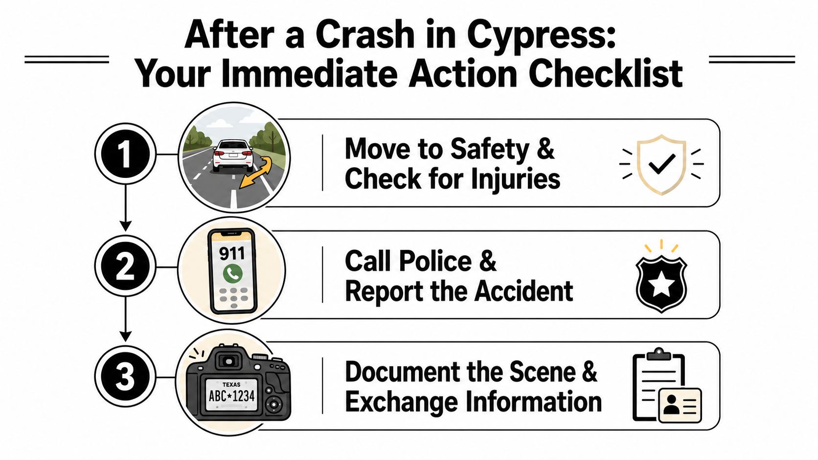 A checklist infographic illustrating the three immediate steps to take following a car accident in Cypress.