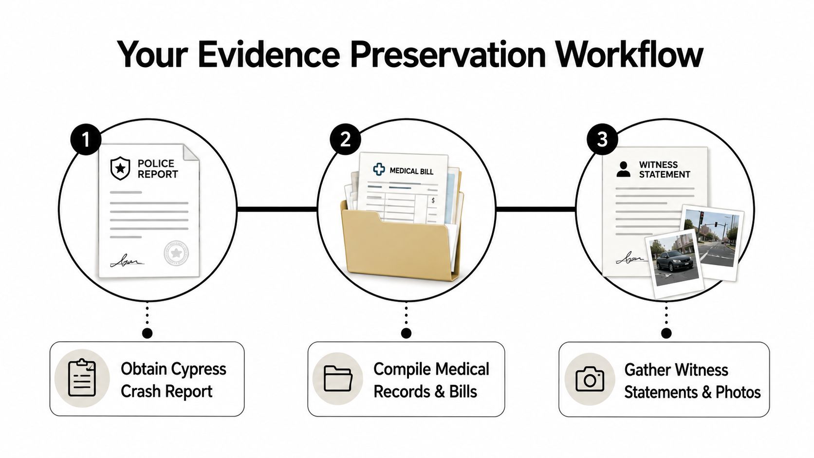 A visual flow chart outlining the steps for preserving evidence after a car accident in Cypress Texas.