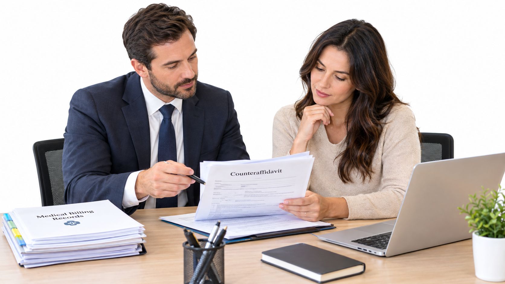 A professional lawyer and a client reviewing a medical billing counteraffidavit document at an office desk.