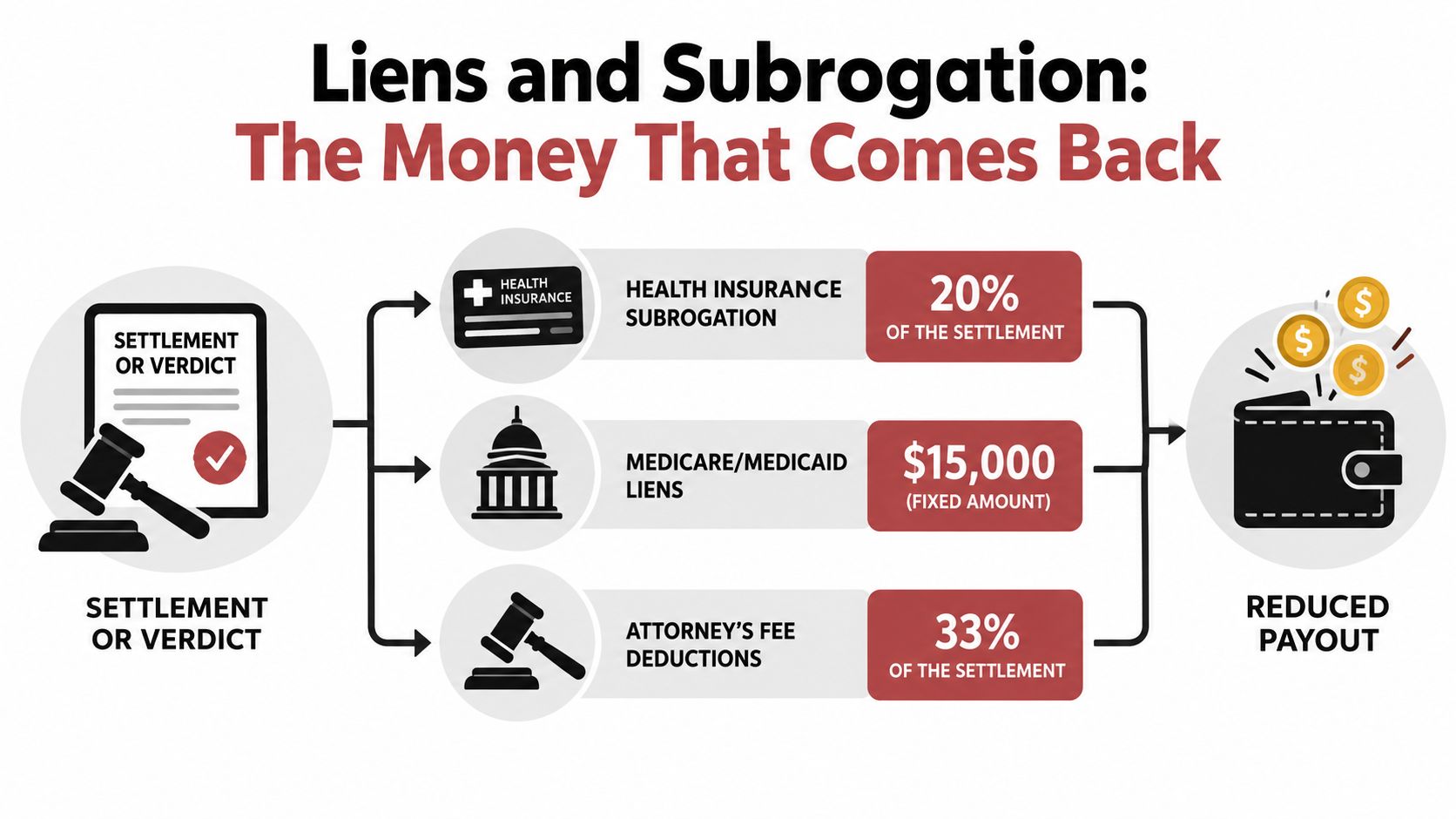 A diagram explaining how settlement or verdict funds are reduced by health insurance, Medicare, and legal fees.