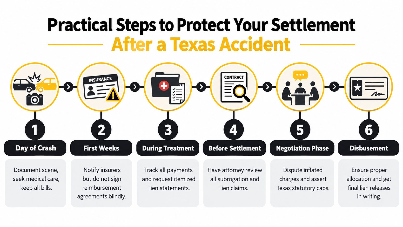 A six-step infographic guide detailing how to protect a personal injury settlement after a Texas accident.