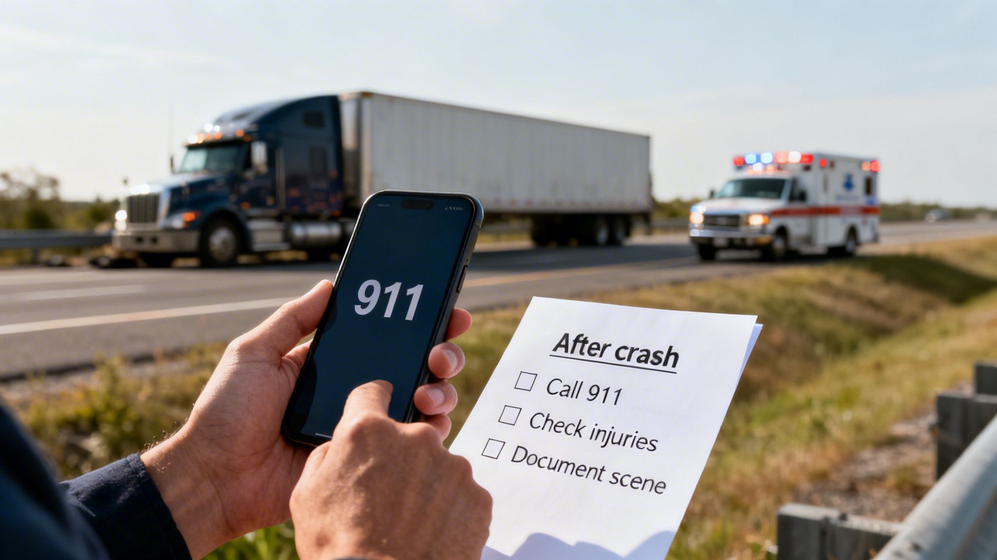 Hands hold phone displaying 911 and a crash checklist near a semi-truck and ambulance.
