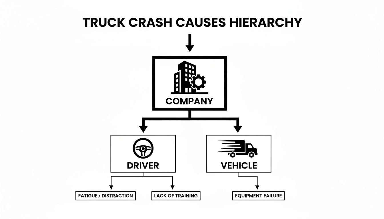 Hierarchy diagram showing truck crash causes attributed to company, driver, and vehicle factors.