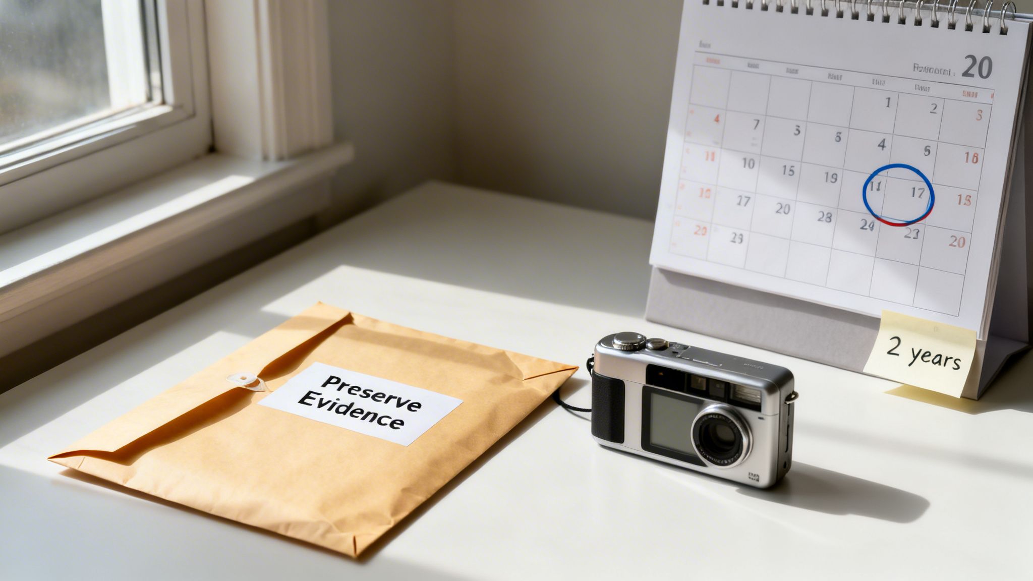 Desk with 'Preserve Evidence' envelope, digital camera, and calendar marking a date and '2 years'.