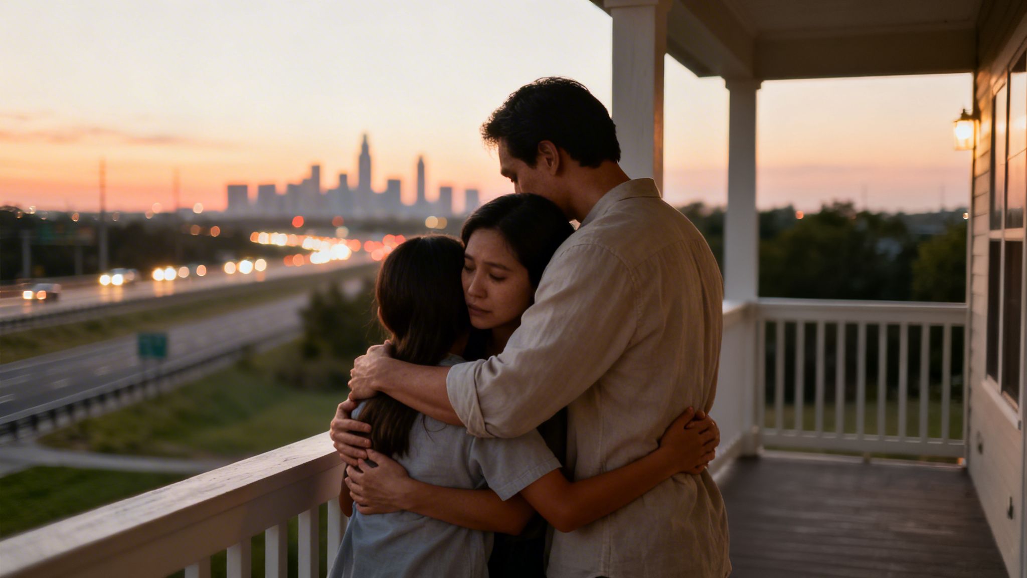 A father comforts his sad wife and child with a hug on a balcony at sunset, overlooking a city.
