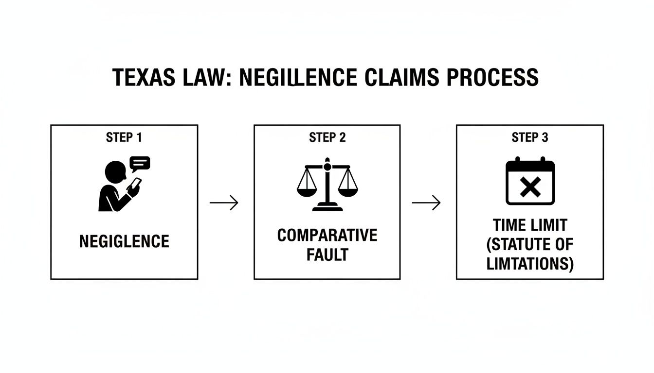 Flowchart outlining Texas law negligence claims process: negligence, comparative fault, and time limits.