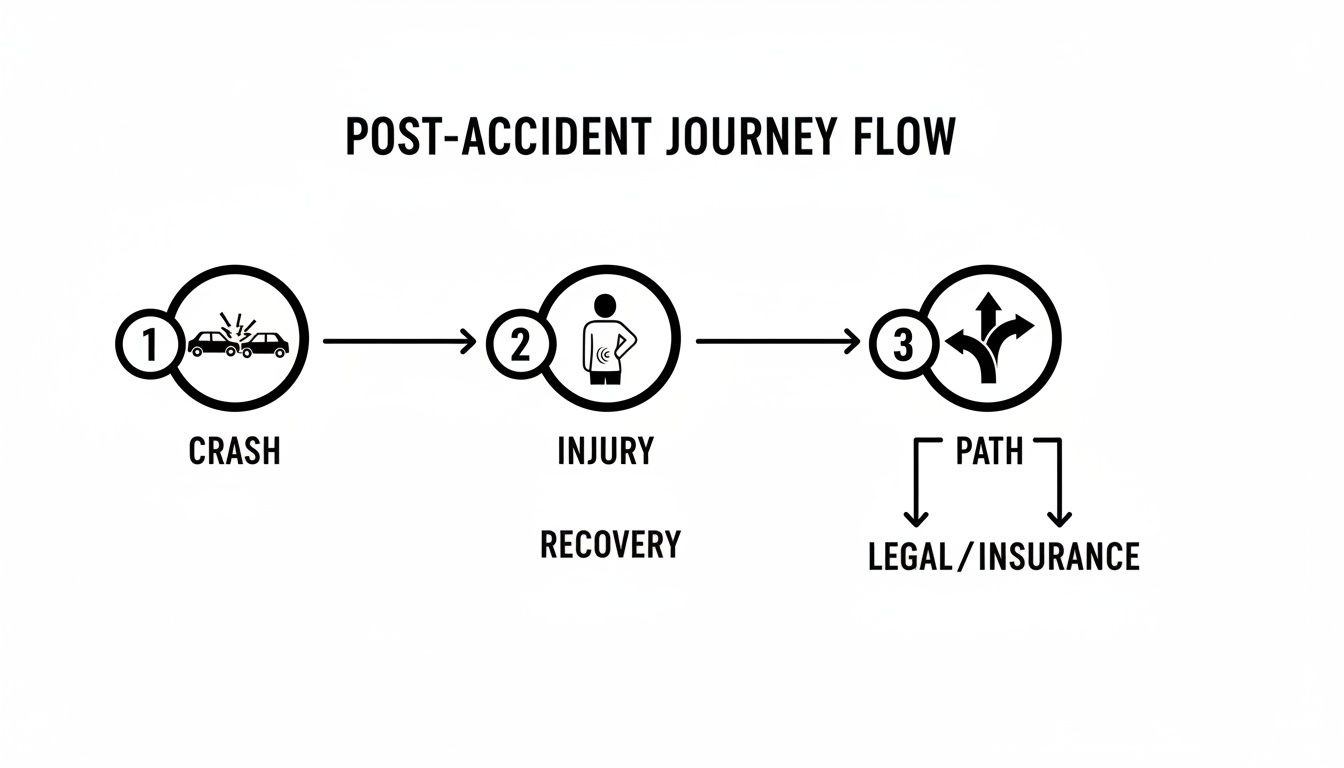A flowchart detailing the post-accident journey, showing a crash, injury, and subsequent legal or insurance paths.
