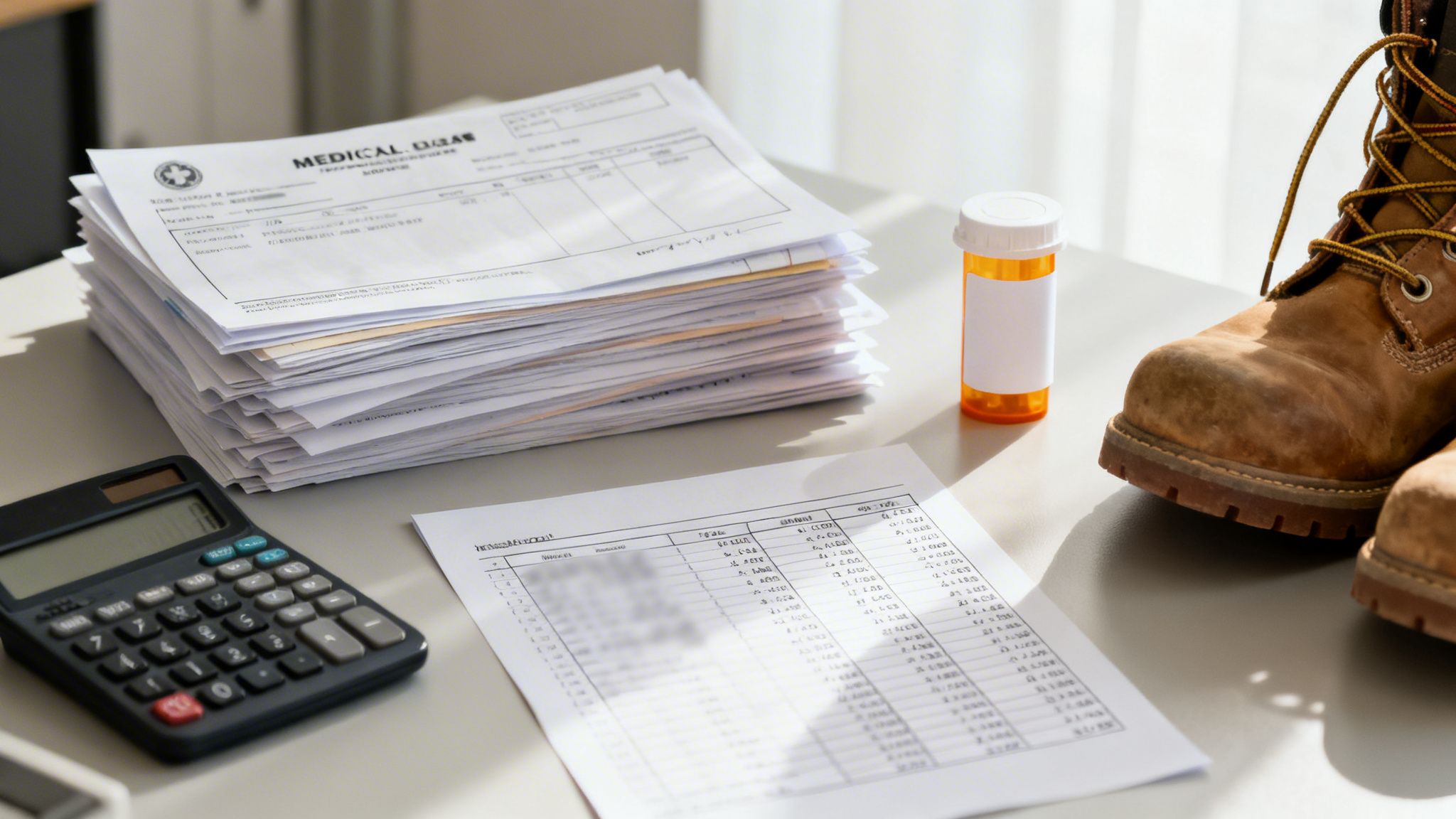 A stack of medical bills, a calculator, a prescription bottle, and a work boot on a desk.