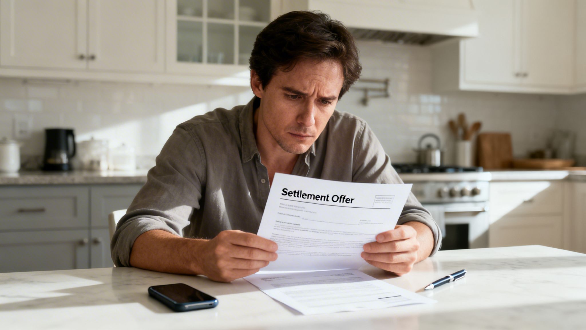 Concerned man reads a settlement offer document at his kitchen table, smartphone nearby.