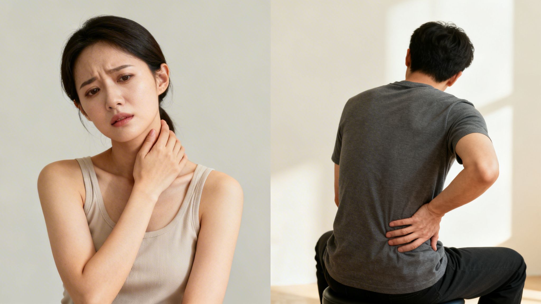 A split image shows a woman clutching her neck in pain and a man holding his lower back.