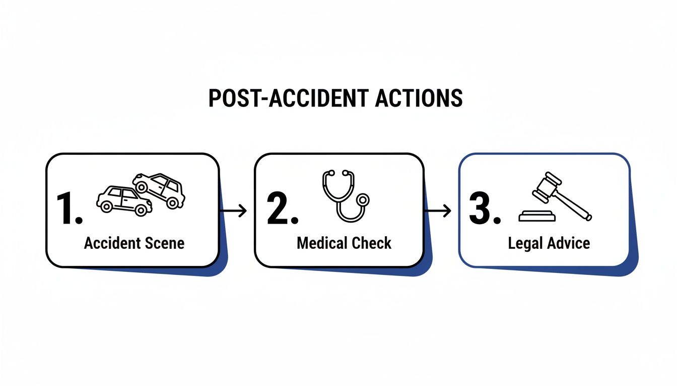 Diagram showing three post-accident actions: accident scene, medical check, and legal advice.