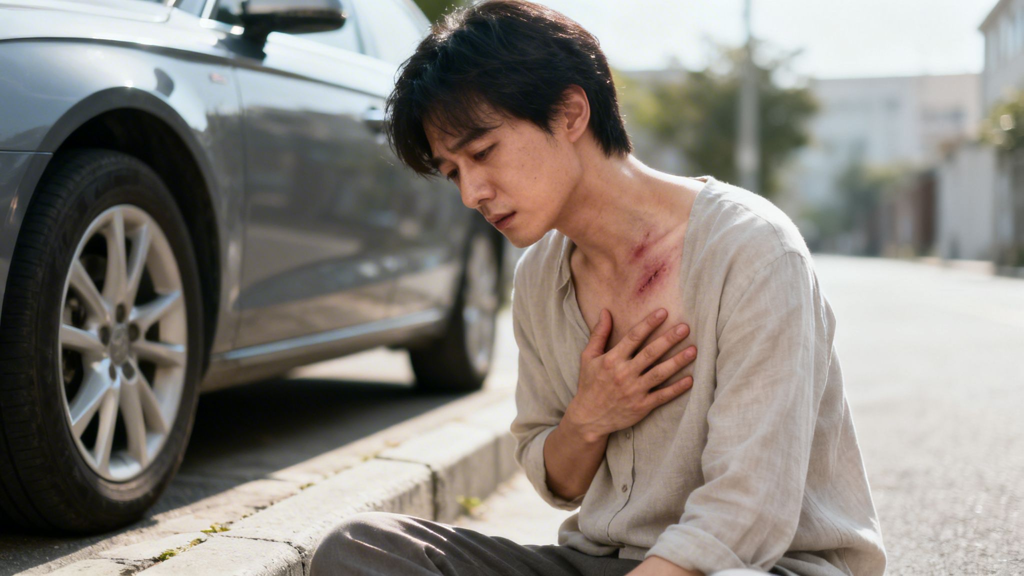 A distressed man with a bruised sternum sits on the ground next to a grey car.