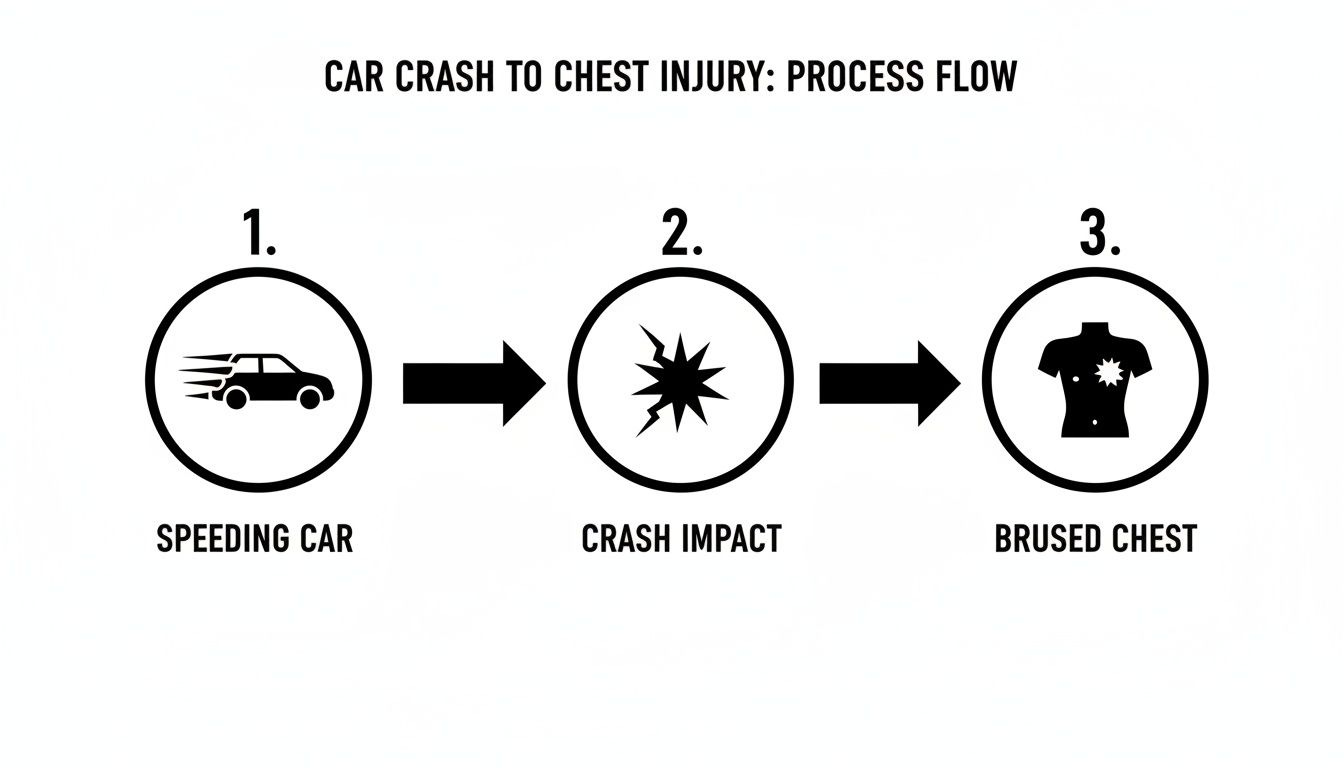 Process flow diagram illustrating a speeding car leading to a crash impact and resulting in a bruised chest injury.
