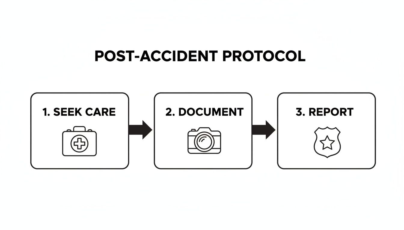 Flowchart outlining post-accident protocol: 1. Seek Care (first aid kit), 2. Document (camera), 3. Report (police badge).