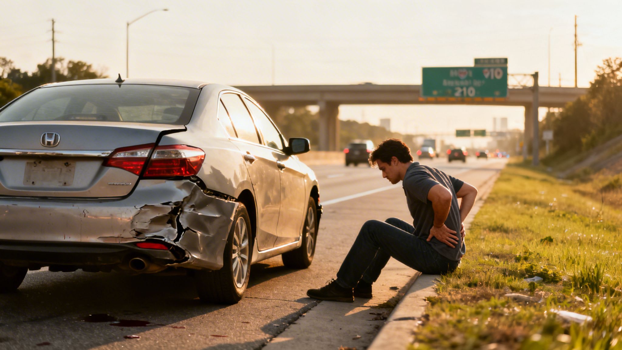 Man clutching his back after a car accident, sitting by his severely damaged vehicle on the roadside.