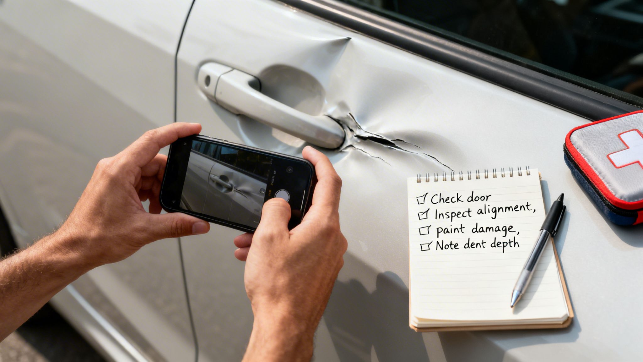 A person taking photos of a car's dented door with a smartphone, next to a damage checklist.