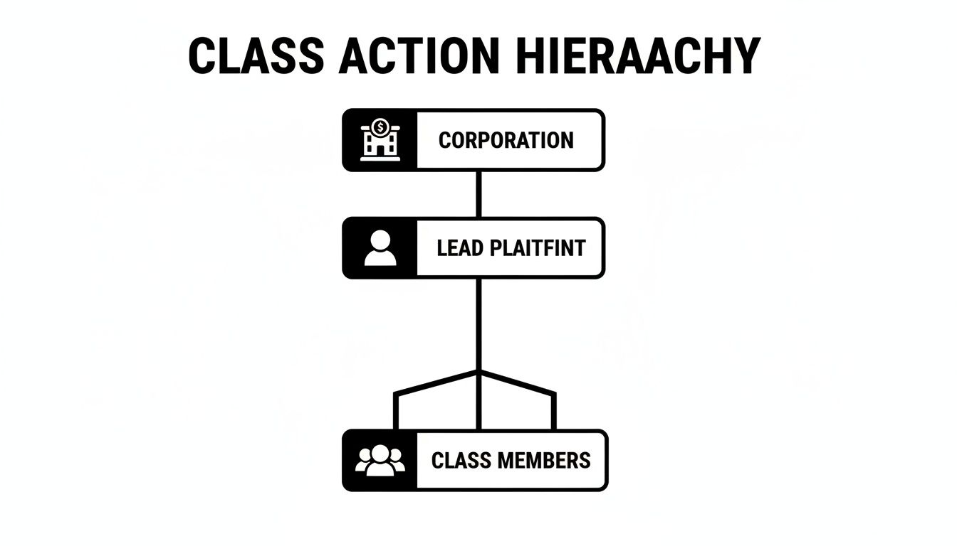 Diagram illustrating the hierarchy in a class action lawsuit, showing Corporation, Lead Plaintiff, and Class Members.