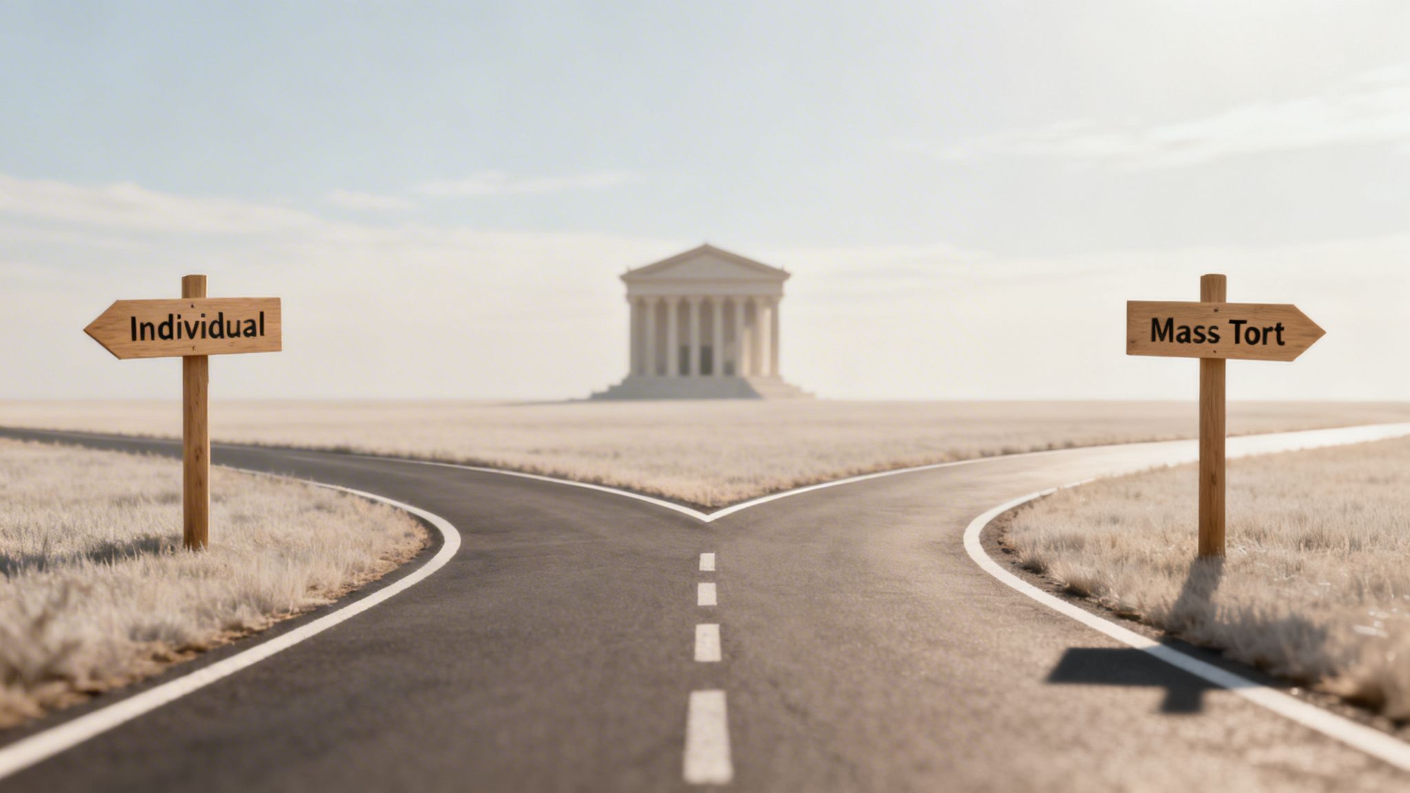 A fork in the road with signs for 'Individual' and 'Mass Tort' leading to a courthouse.
