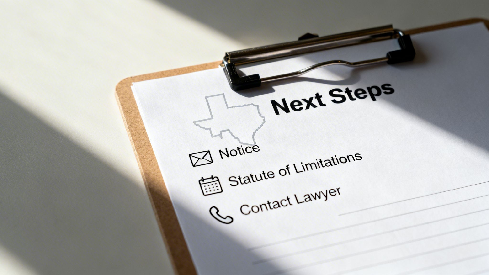 Clipboard document detailing legal 'Next Steps' for Texas, including notice, statute of limitations, and contacting a lawyer.