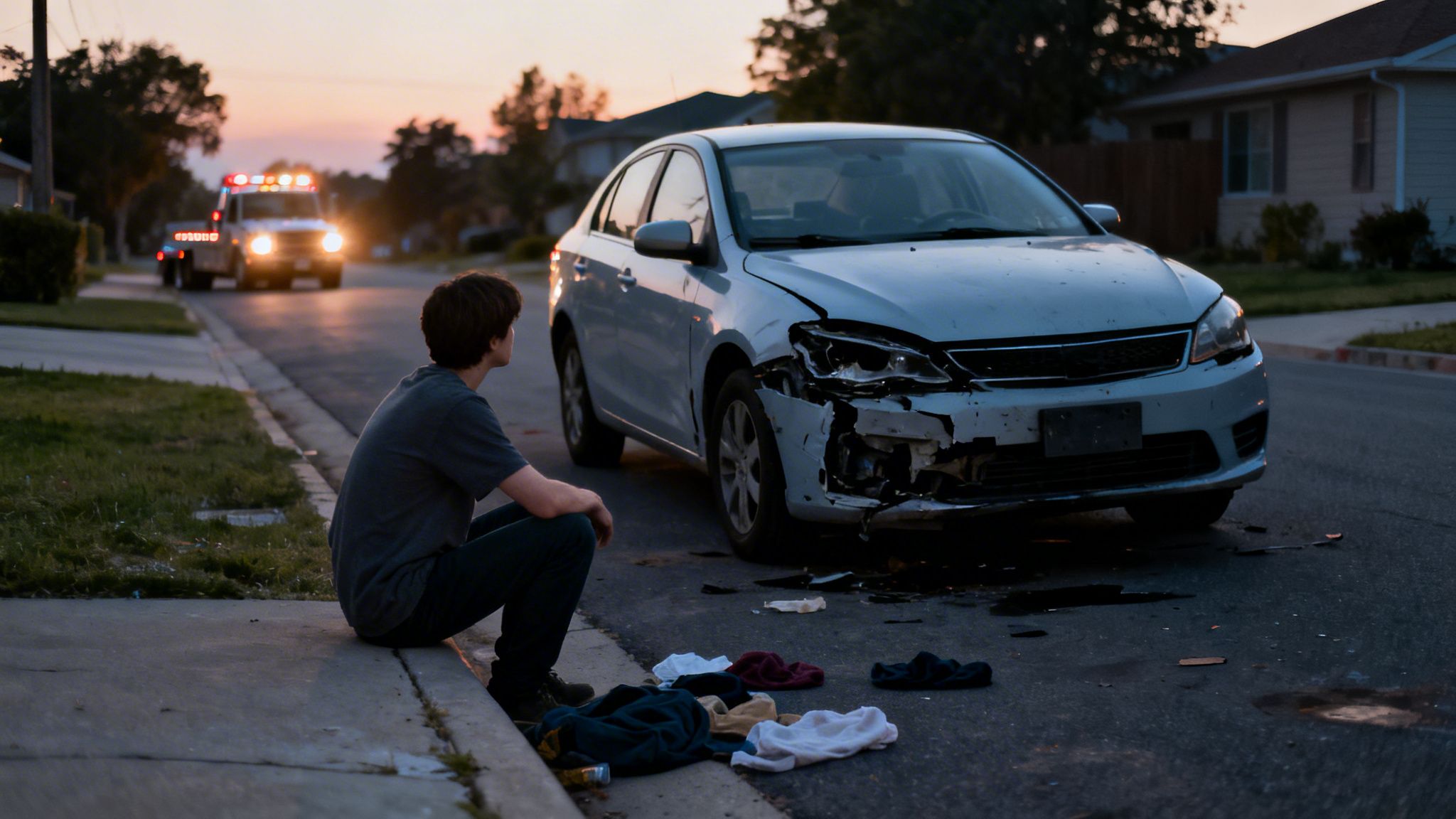 A young man sits on a curb next to a car with extensive front-end damage, an ambulance approaching.