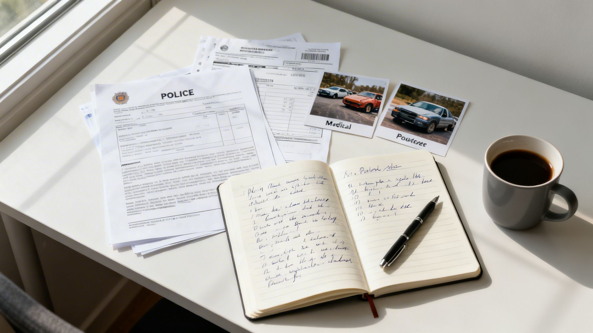 Desk with a police report, car accident photos, an open notebook, pen, and coffee mug.