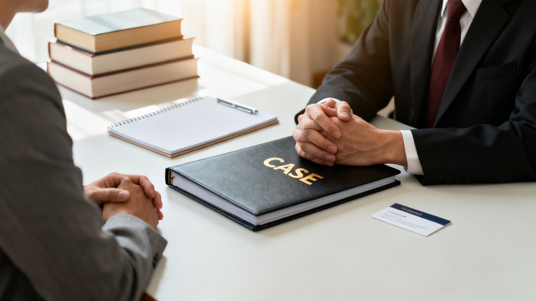 Two individuals, likely lawyer and client, discussing a legal case with a file, books, and notepad on a desk.