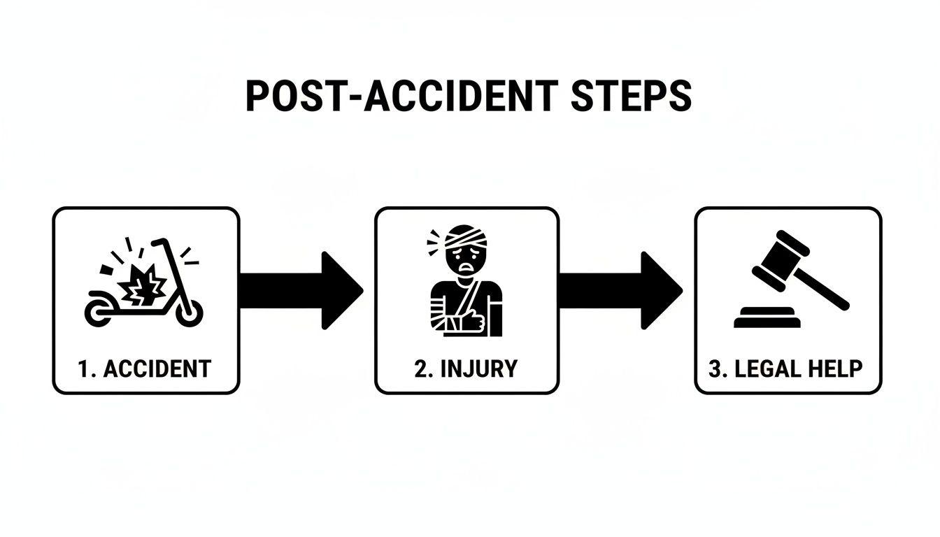 A three-step flowchart illustrating post-accident steps for e-scooter incidents: accident, injury, and legal help.