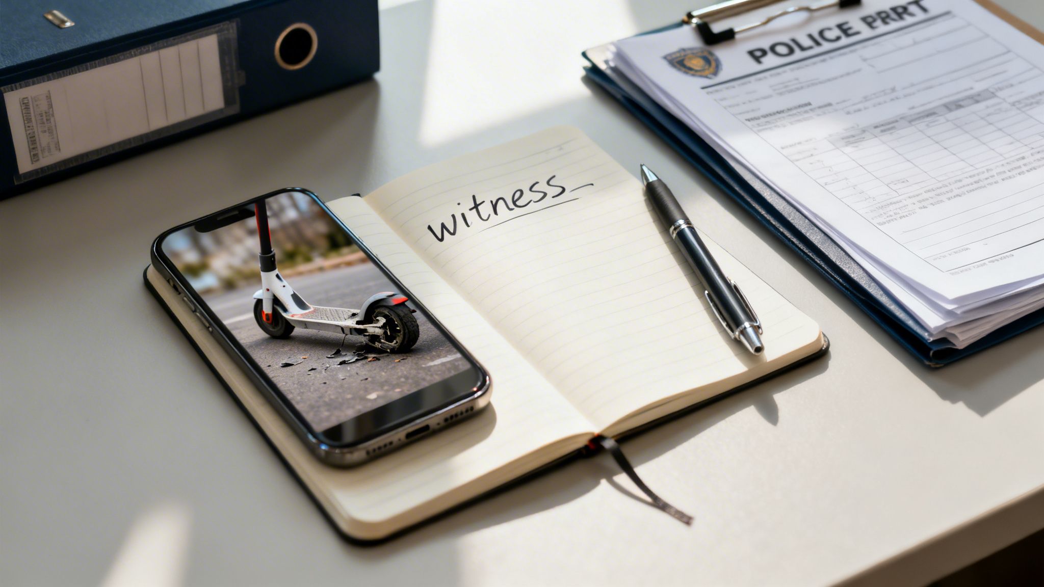 Desk scene with police forms, a notebook saying 'witness,' and a phone displaying a damaged electric scooter, suggesting an accident.