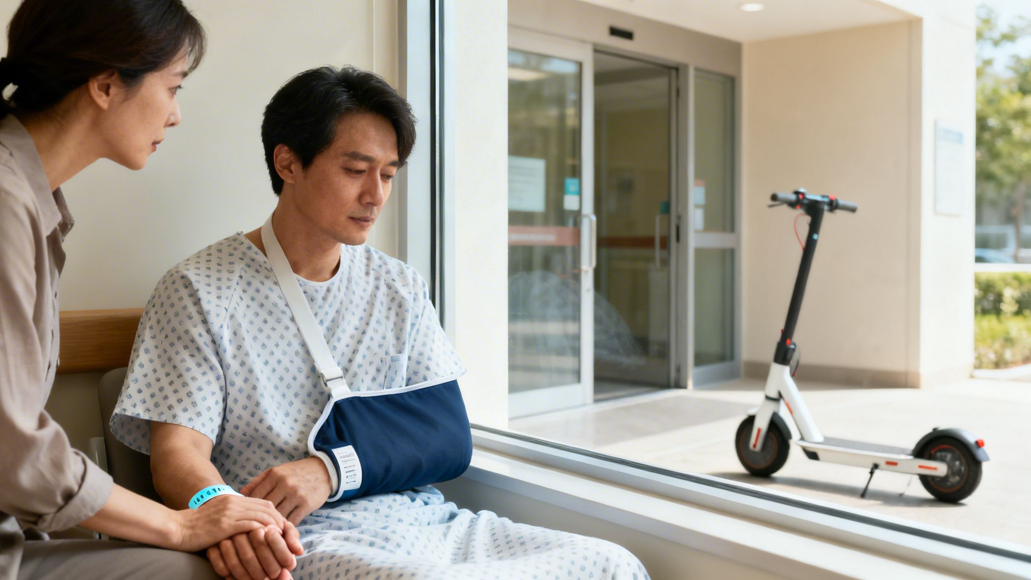 A man with a bandaged arm sits with a woman holding his hand in a hospital waiting room, an electric scooter visible outside.