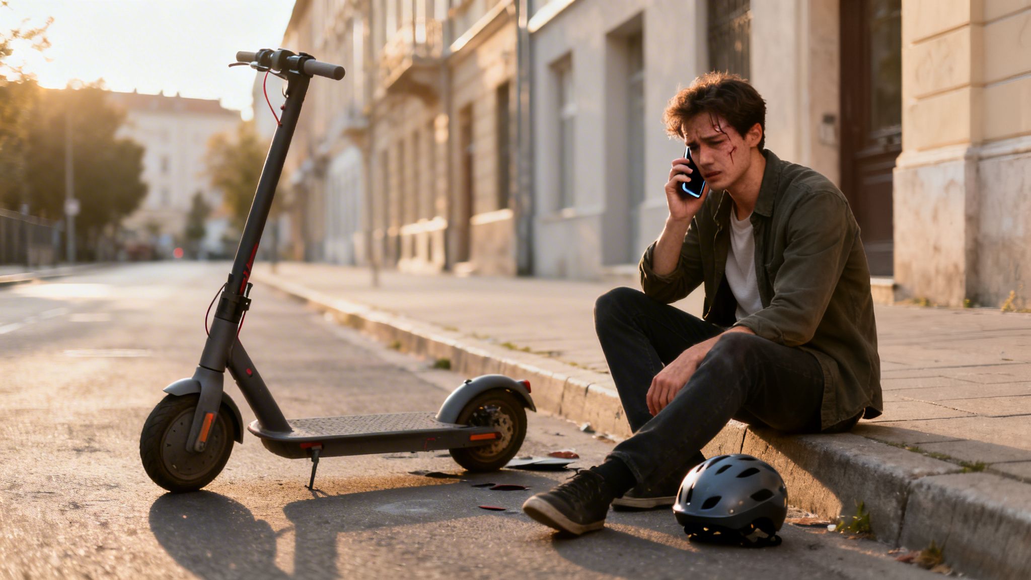 A young man with facial injuries sits on a curb, calling on his phone after an e-scooter accident.