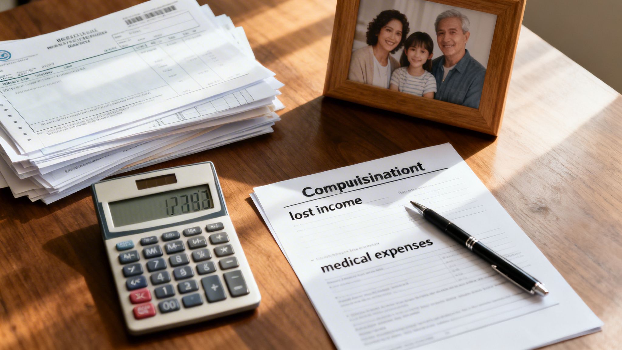 A desk with financial documents, a calculator, and a family photo, suggesting financial planning and family security.