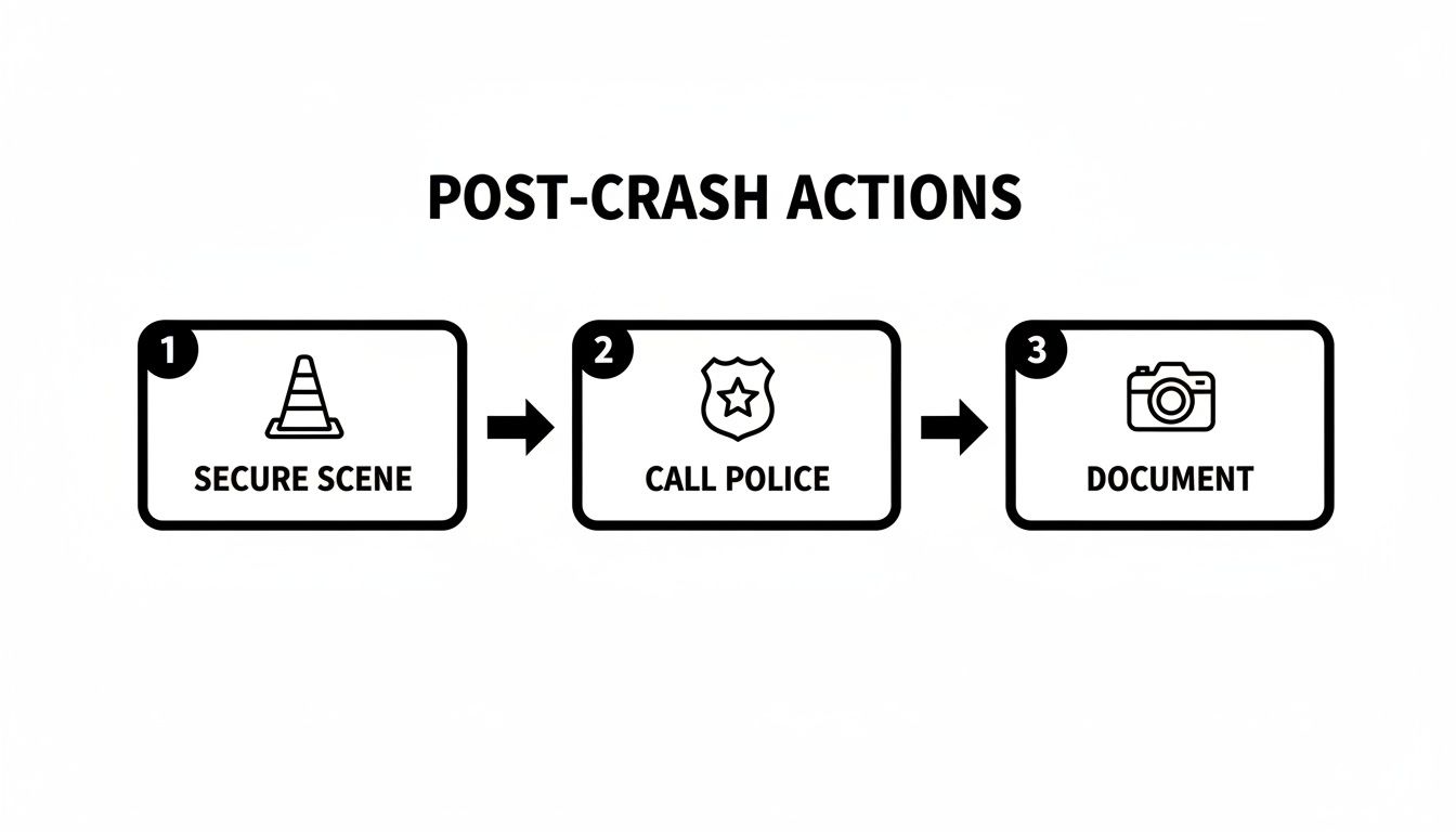 Flowchart detailing three essential post-crash actions: secure scene, call police, and document.