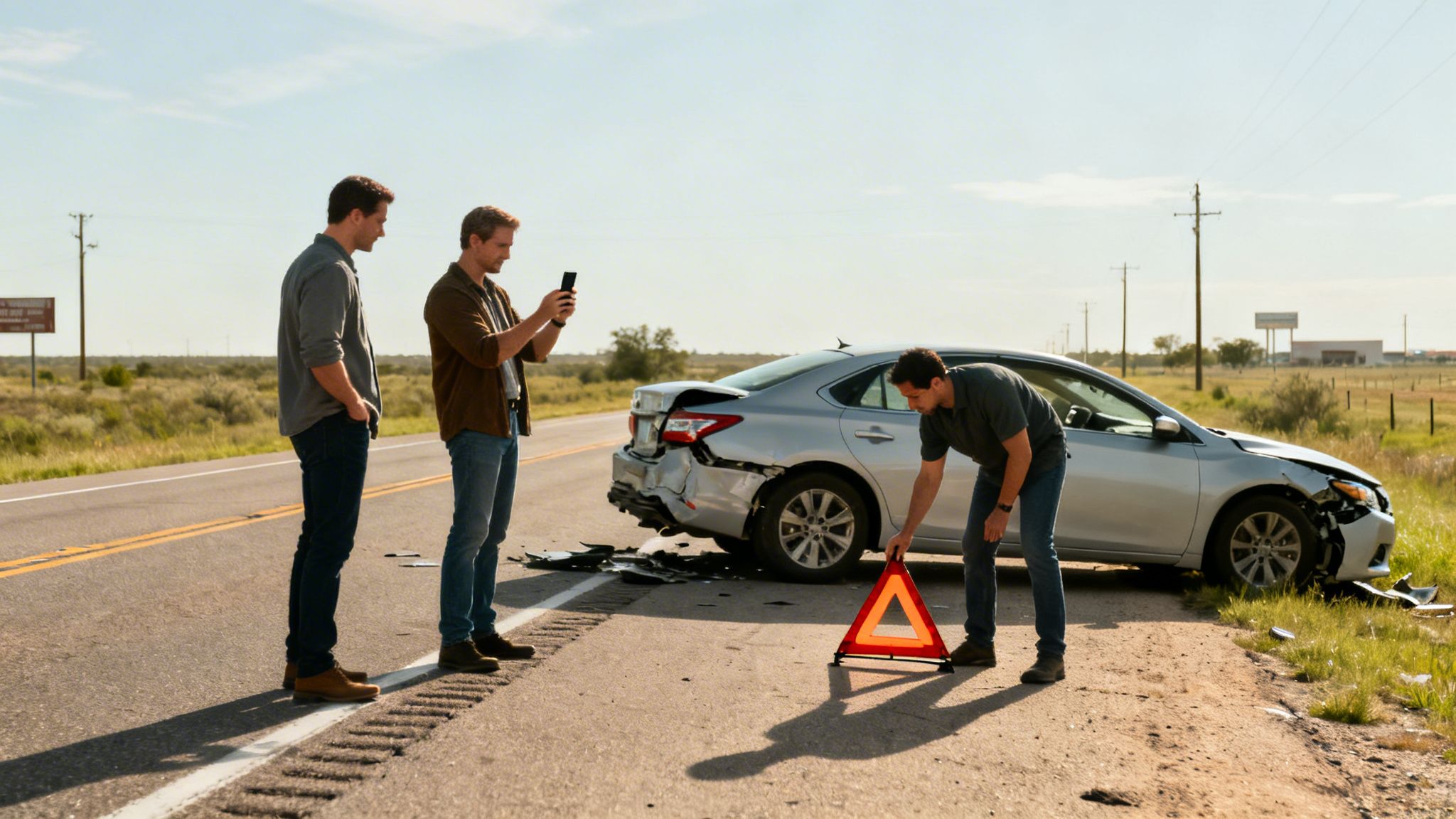 Three men at a roadside car accident, one setting a warning triangle, another documenting damage.