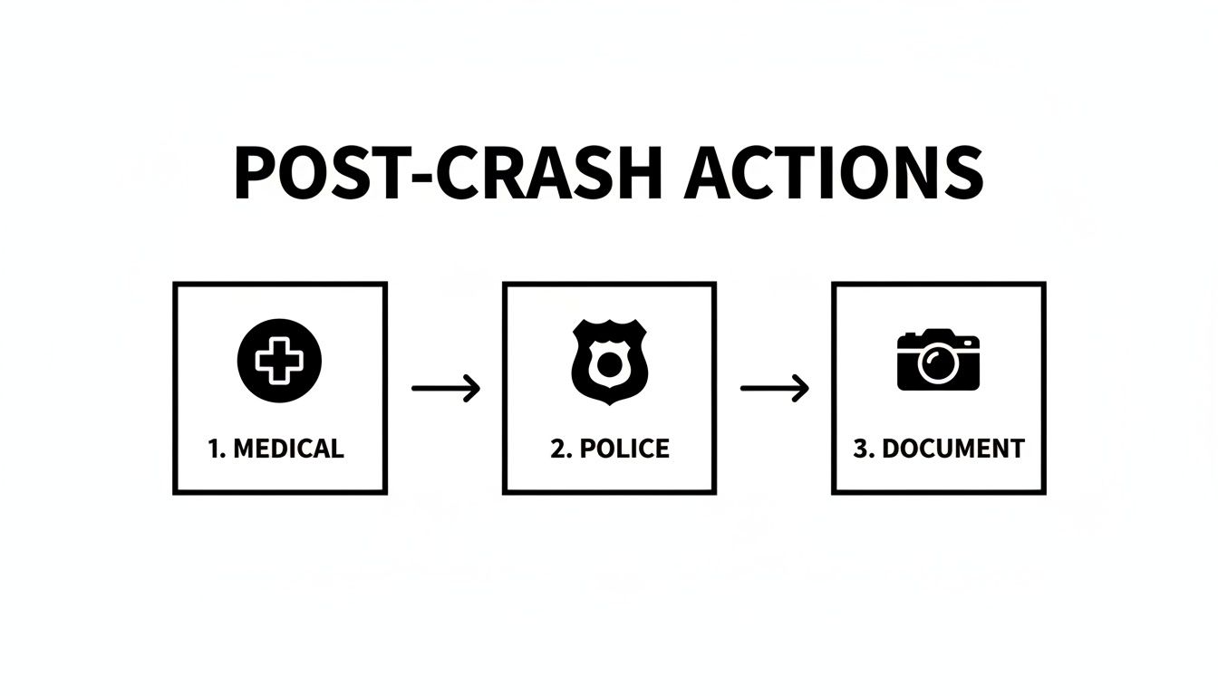 A three-step flowchart showing essential post-crash actions: Medical, Police, and Document.