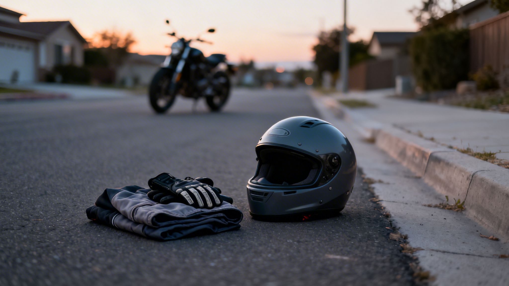A gray motorcycle helmet, black gloves, and folded gear rest on an asphalt road with a blurred motorcycle and sunset background.