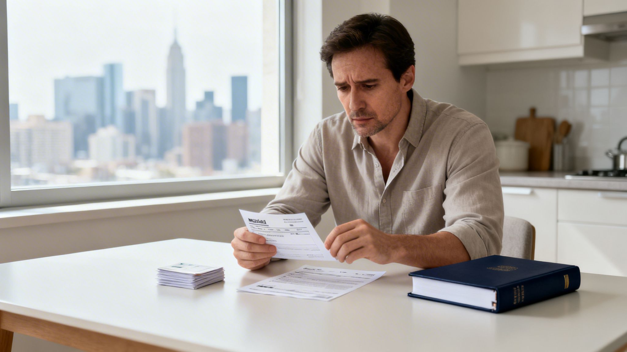 A concerned man reviewing documents at a table with a city skyline view from a window, appearing stressed.