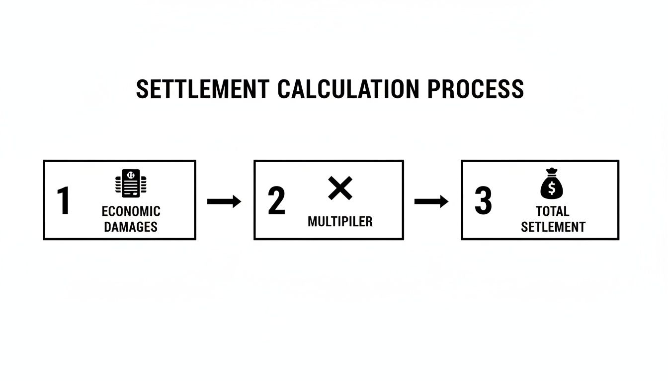 A flowchart illustrating the settlement calculation process, moving from economic damages to total settlement.