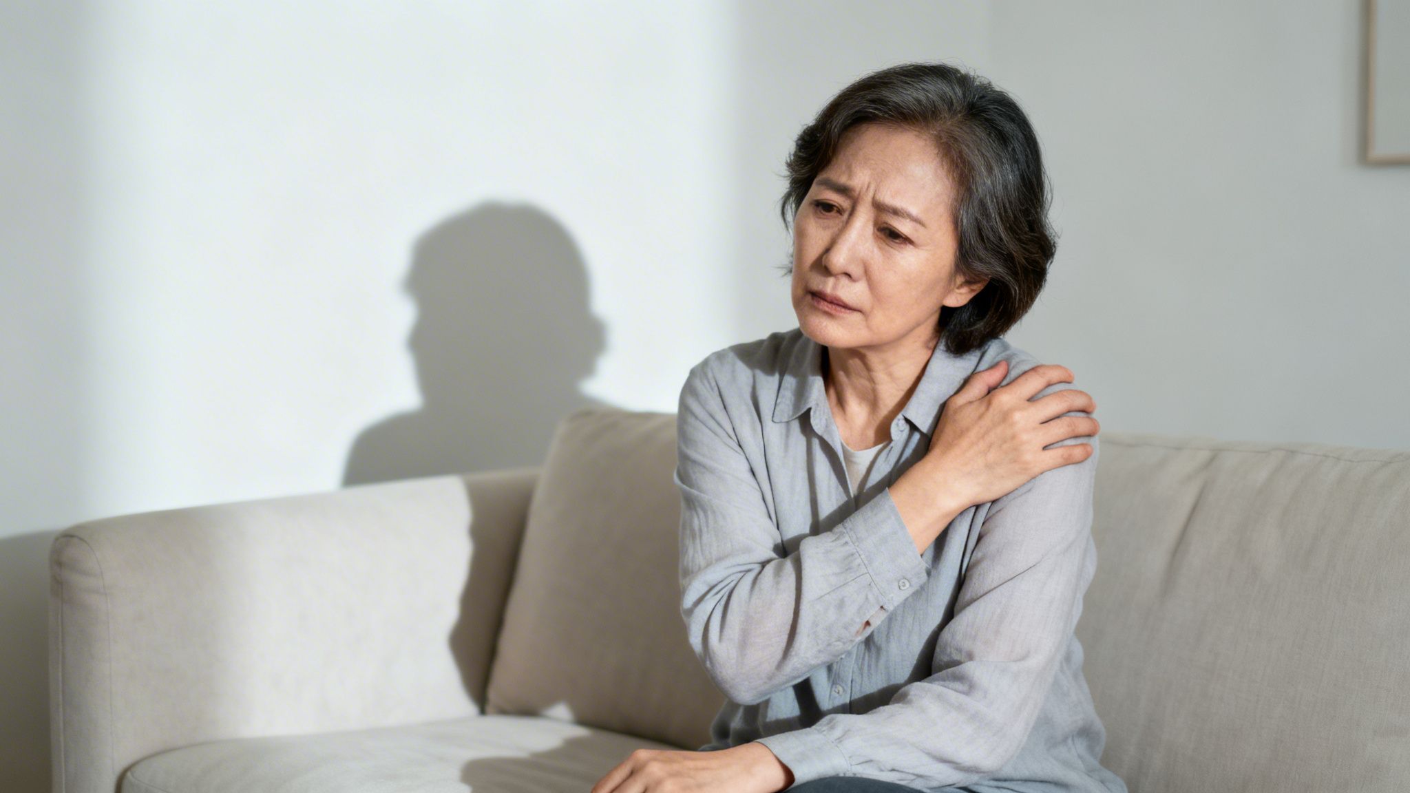 Elderly Asian woman with a pained expression holding her shoulder, suggesting discomfort.