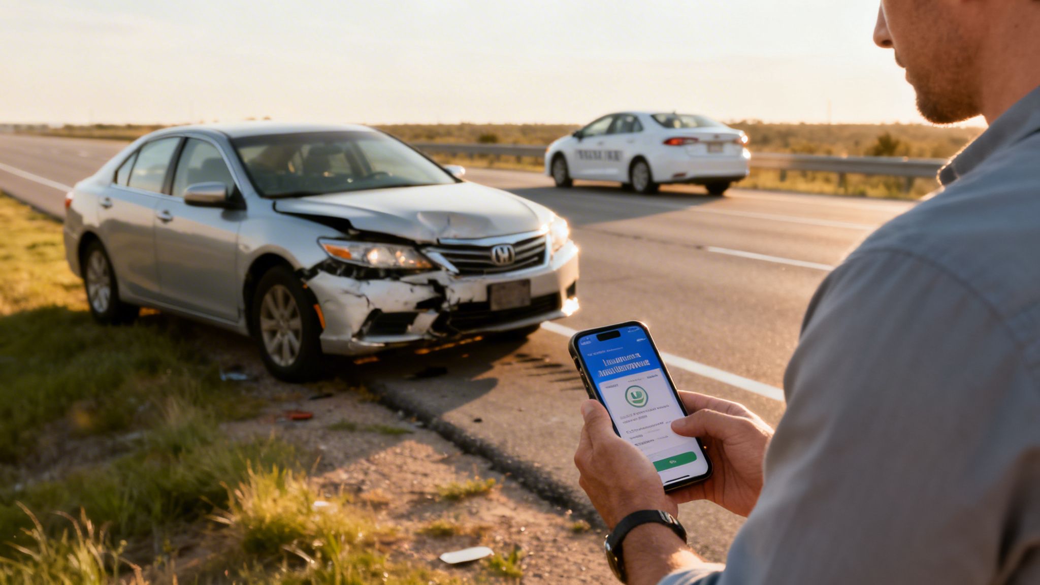 A man uses a smartphone to report a car accident with a damaged silver car on the side of the road.