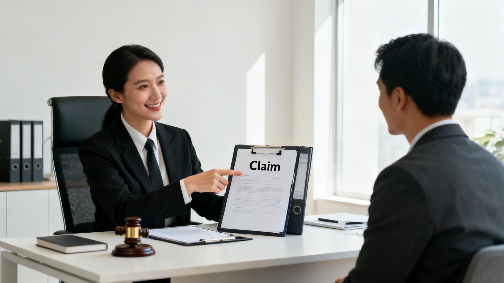 Smiling female lawyer discusses a claim form with a male client in a modern office.