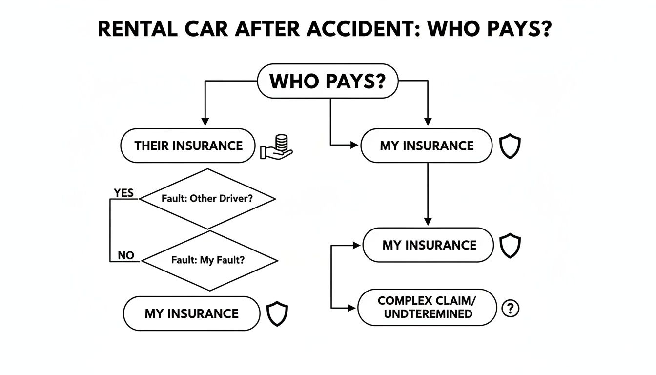 Flowchart illustrating who pays for a rental car after an accident, considering fault and insurance.