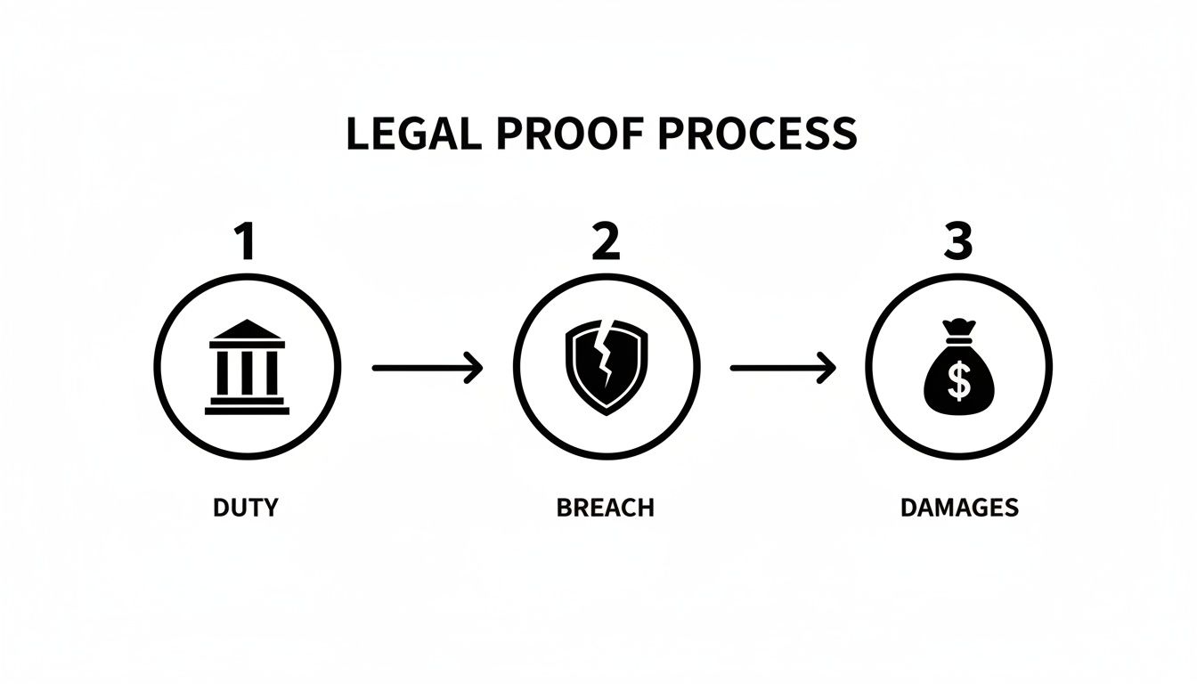 Flowchart illustrating the legal proof process steps: duty, breach, and damages with icons.