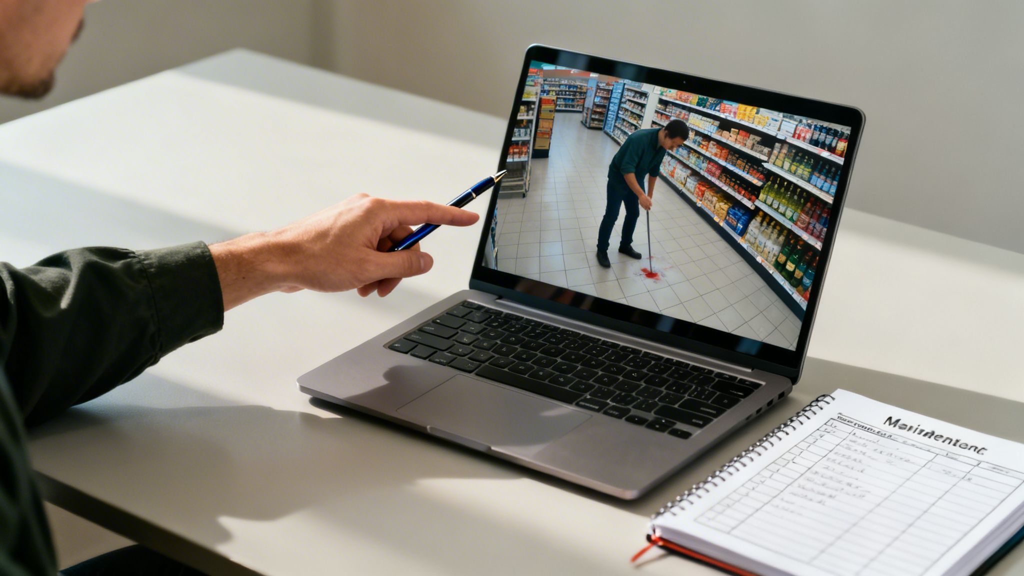 A person points a pen at a laptop screen showing a man cleaning a red spill in a supermarket aisle.