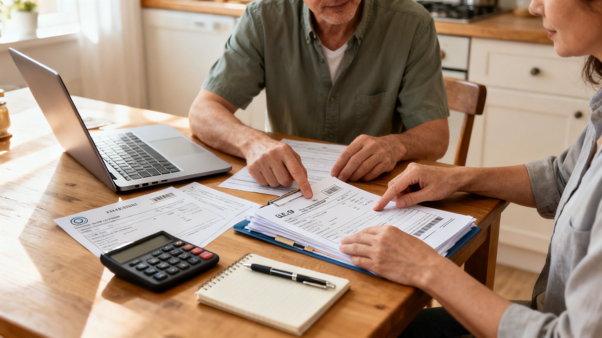 A couple reviews financial documents and bills together at a wooden table with a laptop.