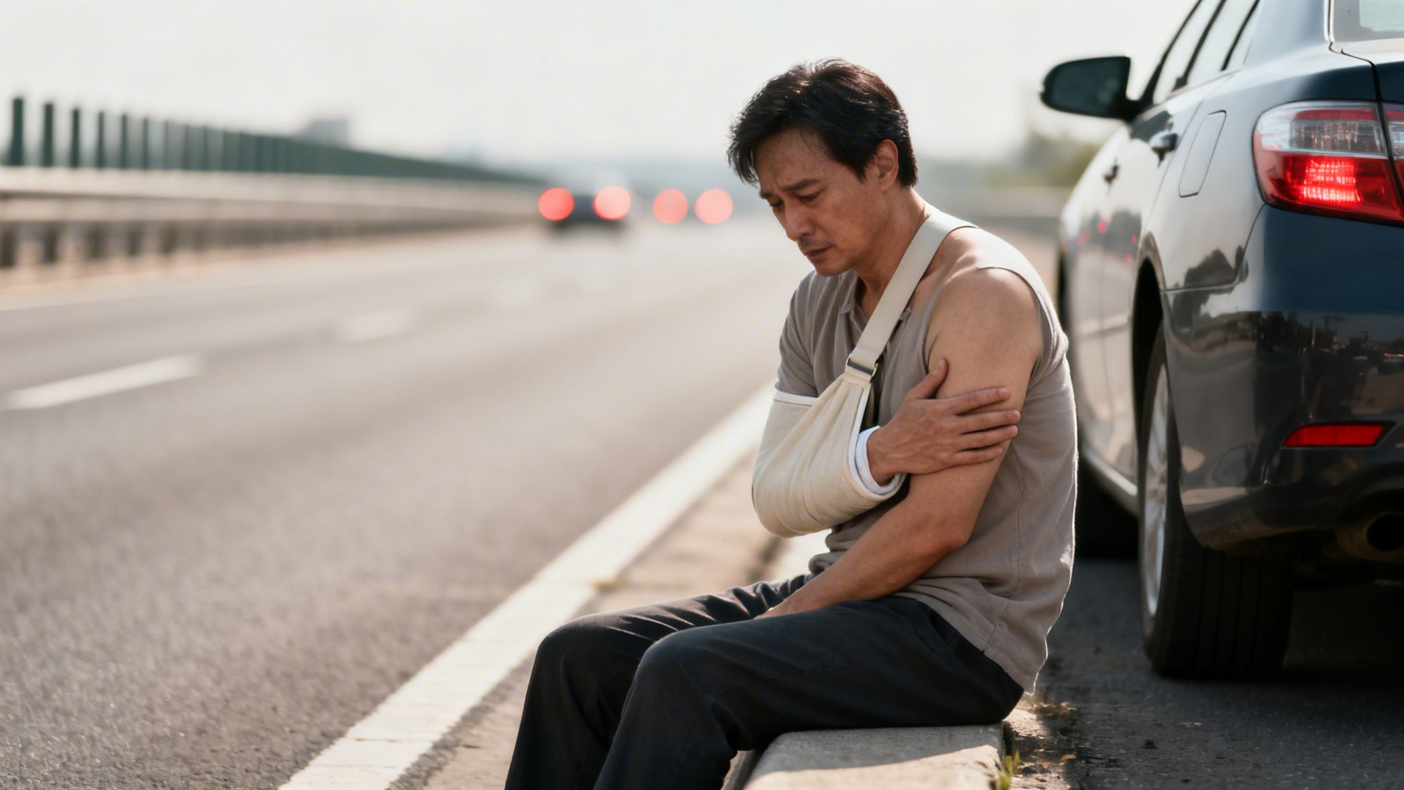 Distressed man with arm sling sitting on a highway curb beside a parked car after an accident.