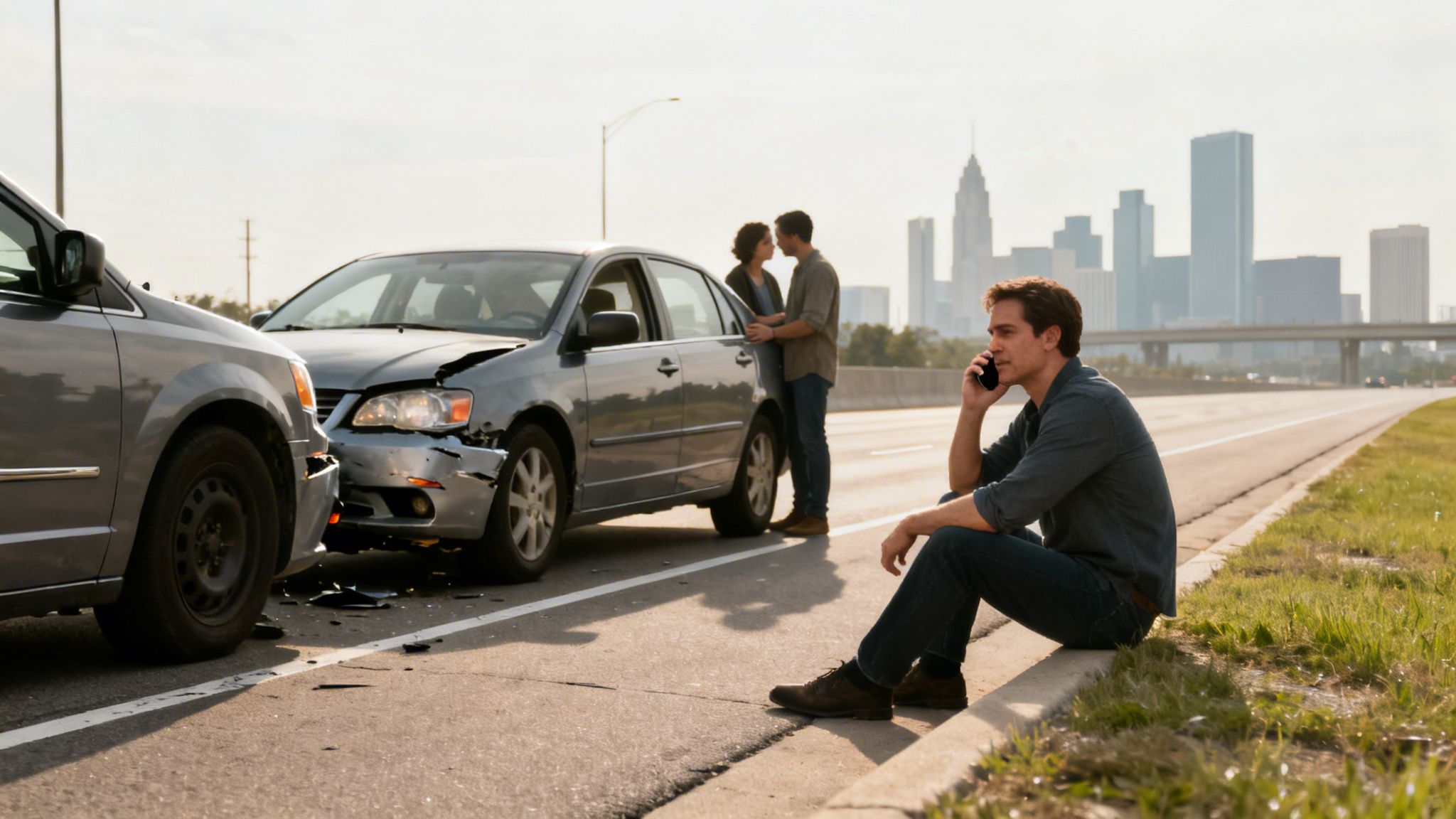 Man on phone after a car accident on a highway, with damaged cars and a couple.