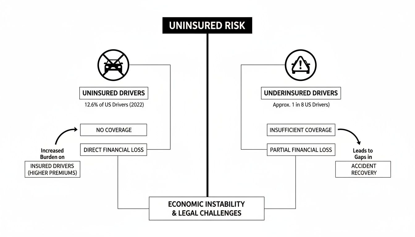 Flowchart illustrating the multifaceted risks and financial impacts of uninsured and underinsured drivers.